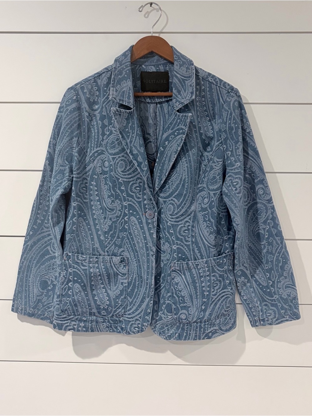 Solitaire Paisley Denim Look Blazer Jacket Boho Western Coastal Chic L Grandma